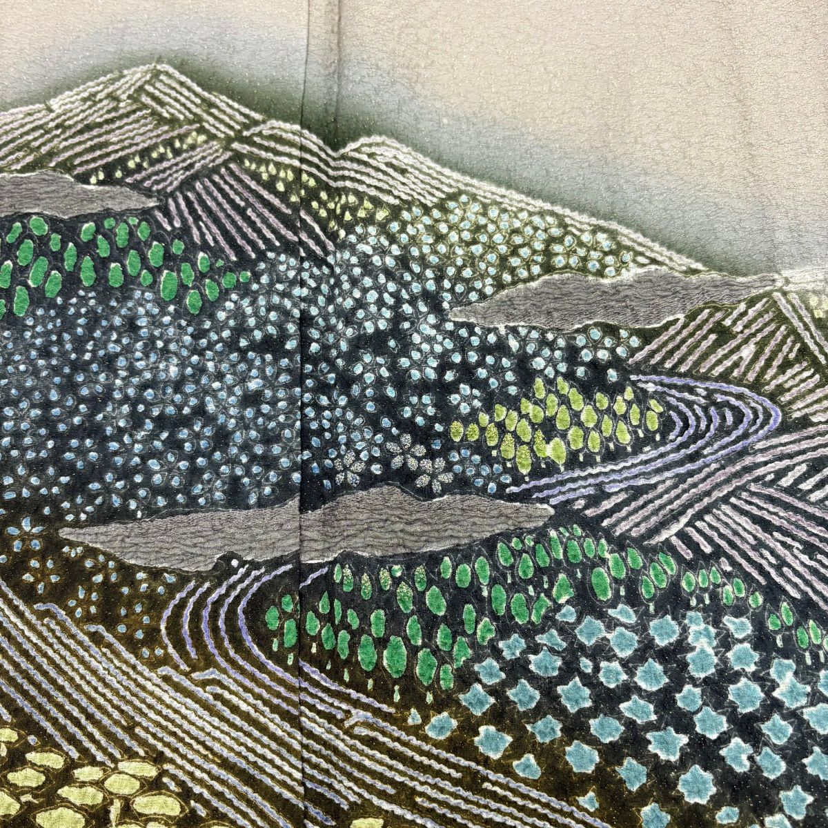 【美品】訪問服 身長162cm 袖長64cm M 雙層 風景 山並 金通し 絞染 淺茶 純蠶絲 名品級