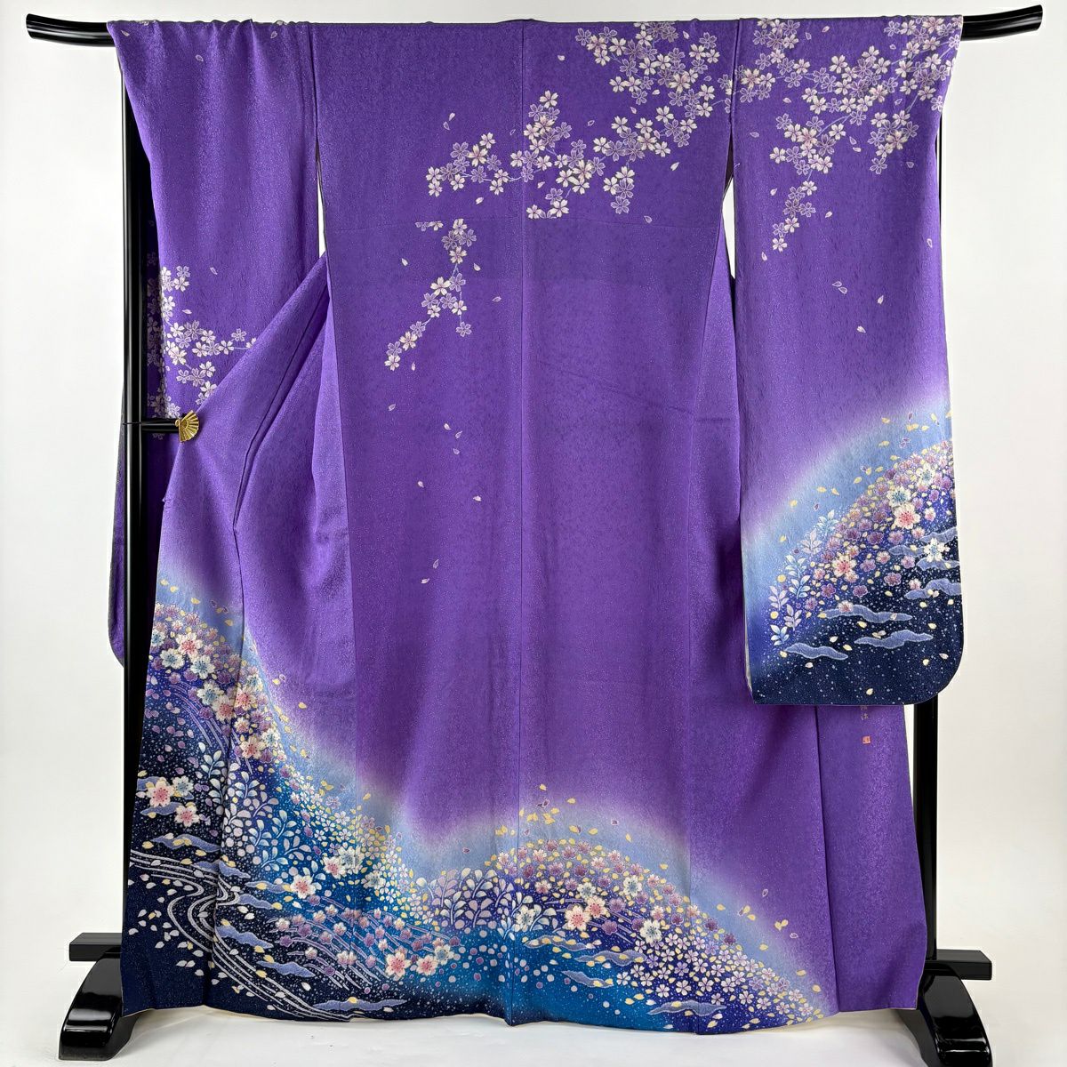 振袖禮服 身長168cm 袖長70.5cm L 雙層 附有落款 樱花 流水 銀通 金銀彩 絞染 紫 純蠶絲 名品級