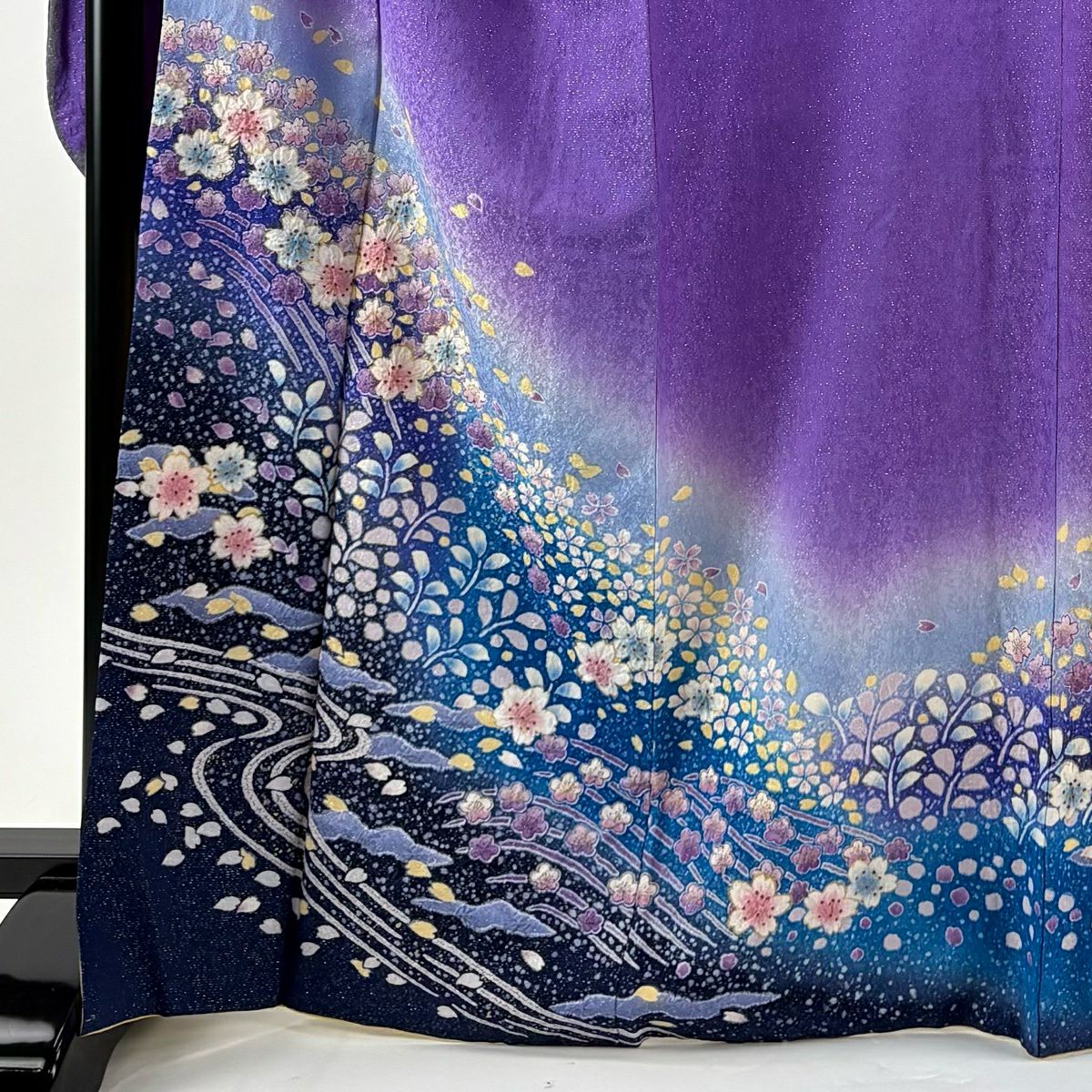 振袖禮服 身長168cm 袖長70.5cm L 雙層 附有落款 樱花 流水 銀通 金銀彩 絞染 紫 純蠶絲 名品級