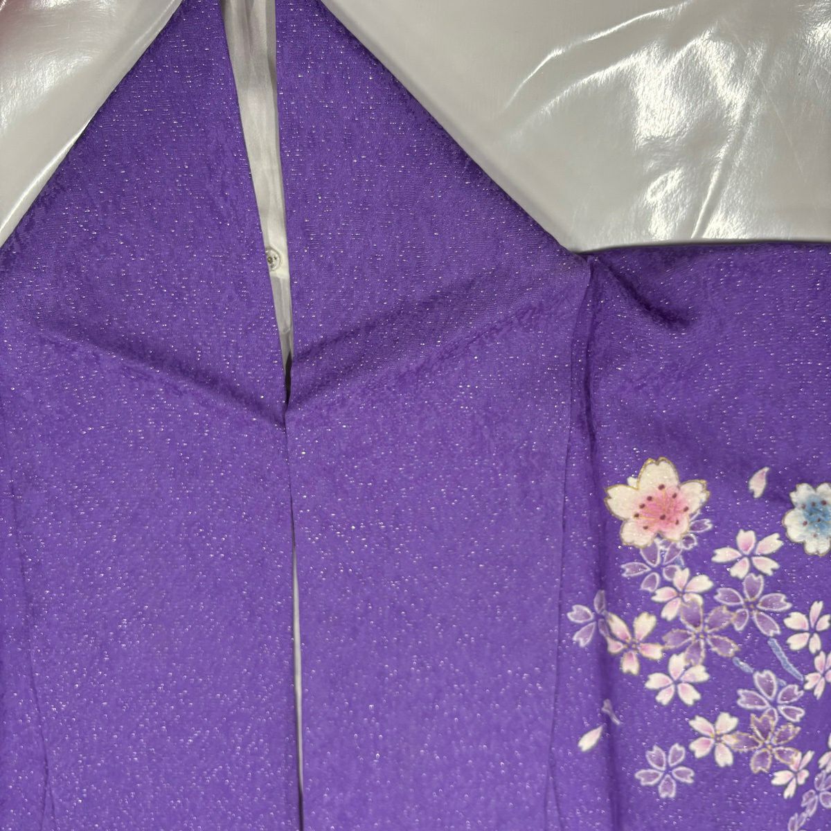 振袖禮服 身長168cm 袖長70.5cm L 雙層 附有落款 樱花 流水 銀通 金銀彩 絞染 紫 純蠶絲 名品級