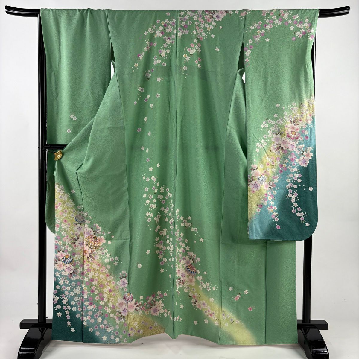 振袖禮服 身長164cm 袖長68cm L 雙層 手鞠 櫻花 銀通 金銀彩 黃綠 純蠶絲 名品級