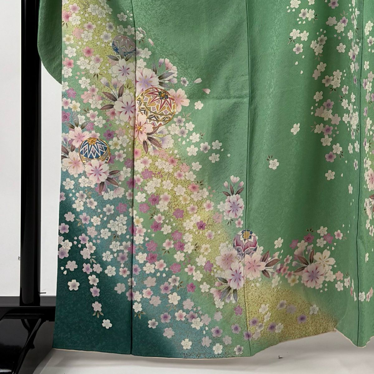 振袖禮服 身長164cm 袖長68cm L 雙層 手鞠 櫻花 銀通 金銀彩 黃綠 純蠶絲 名品級