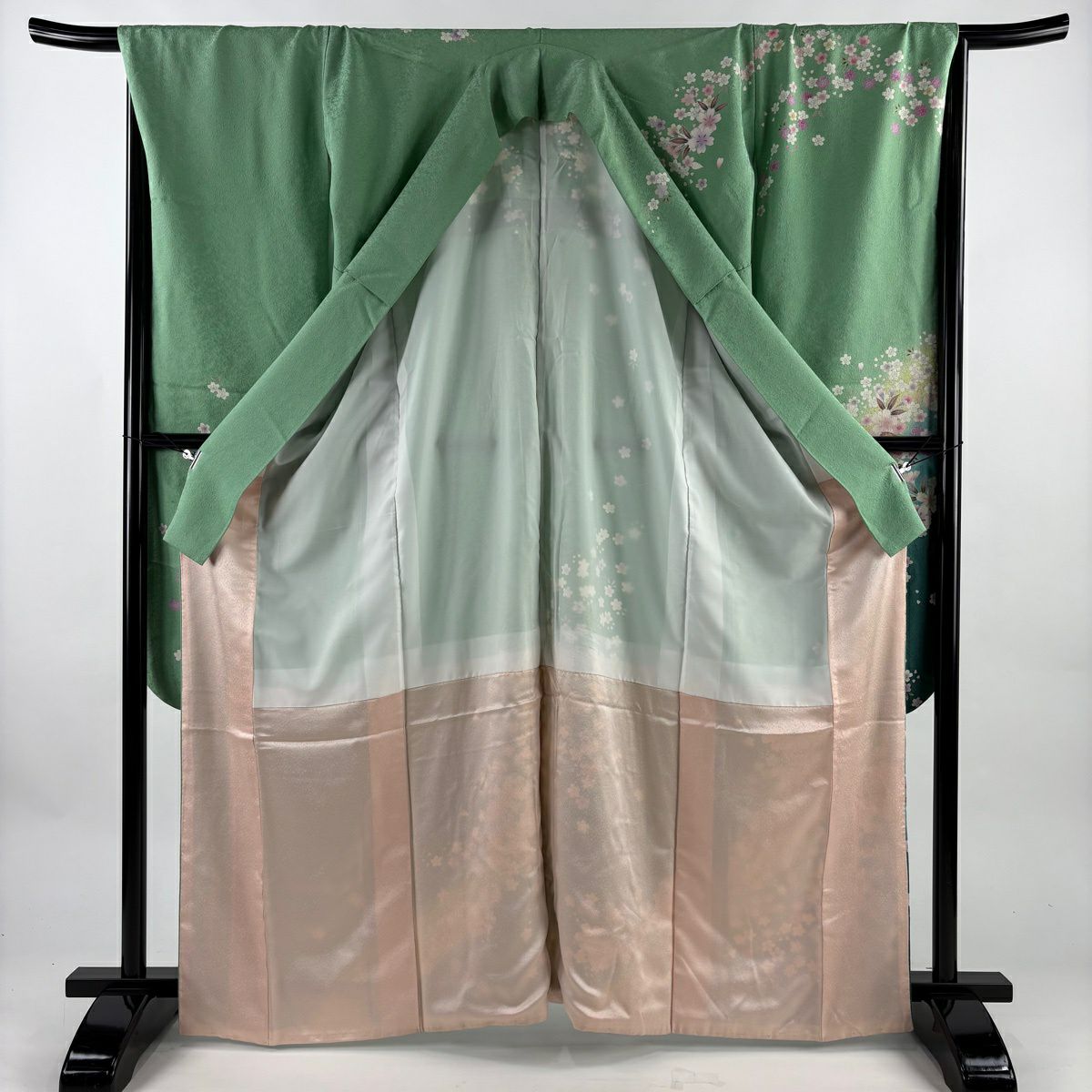 振袖禮服 身長164cm 袖長68cm L 雙層 手鞠 櫻花 銀通 金銀彩 黃綠 純蠶絲 名品級