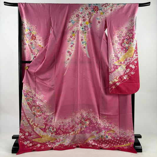 振袖禮服 身長178.5cm 袖長69.5cm L 雙層 櫻花 雪輪 金絲 金銀彩 粉紅 純蠶絲 名品級