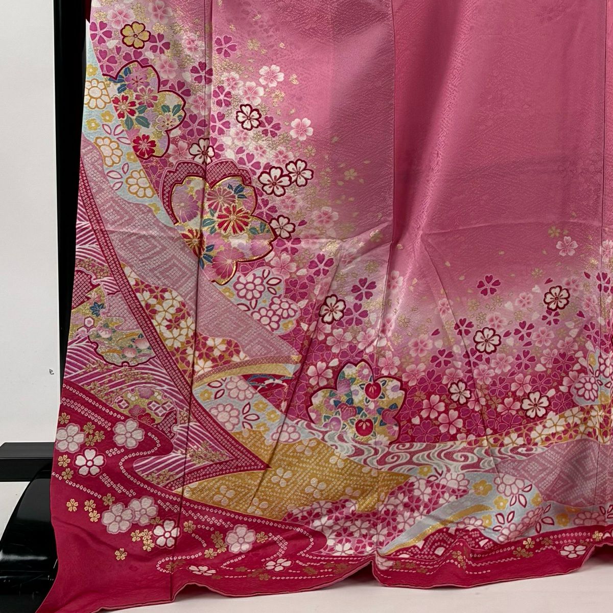 振袖禮服 身長178.5cm 袖長69.5cm L 雙層 櫻花 雪輪 金絲 金銀彩 粉紅 純蠶絲 名品級