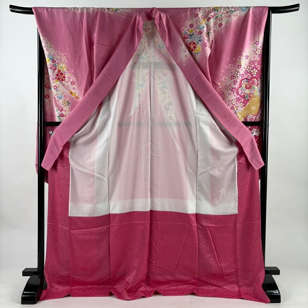 振袖禮服 身長178.5cm 袖長69.5cm L 雙層 櫻花 雪輪 金絲 金銀彩 粉紅 純蠶絲 名品級
