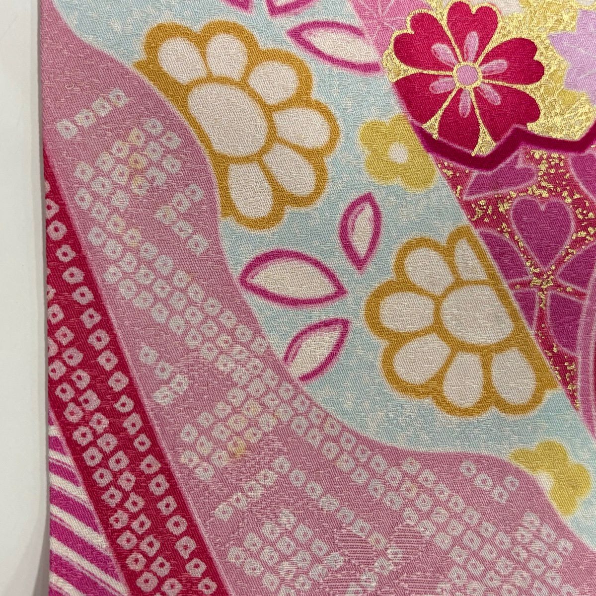 振袖禮服 身長178.5cm 袖長69.5cm L 雙層 櫻花 雪輪 金絲 金銀彩 粉紅 純蠶絲 名品級