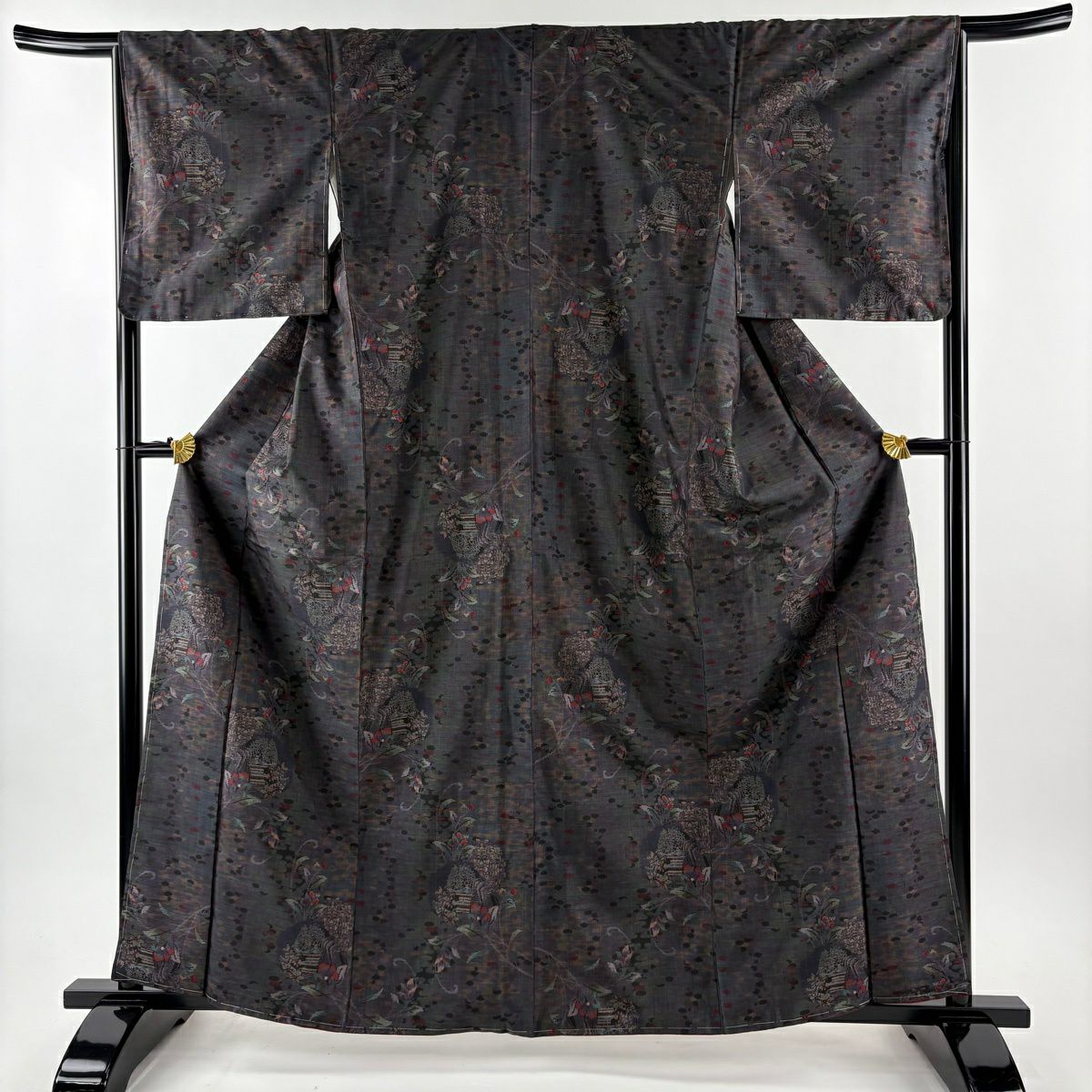 【美品】 紬織 身長162cm 袖長66cm M 雙層 建物 草花紋紋 茶紫 純蠶絲 名品級