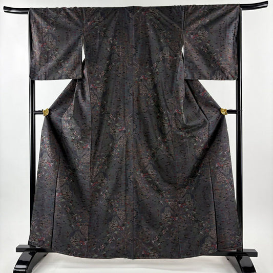 【美品】 紬織 身長162cm 袖長66cm M 雙層 建物 草花紋紋 茶紫 純蠶絲 名品級
