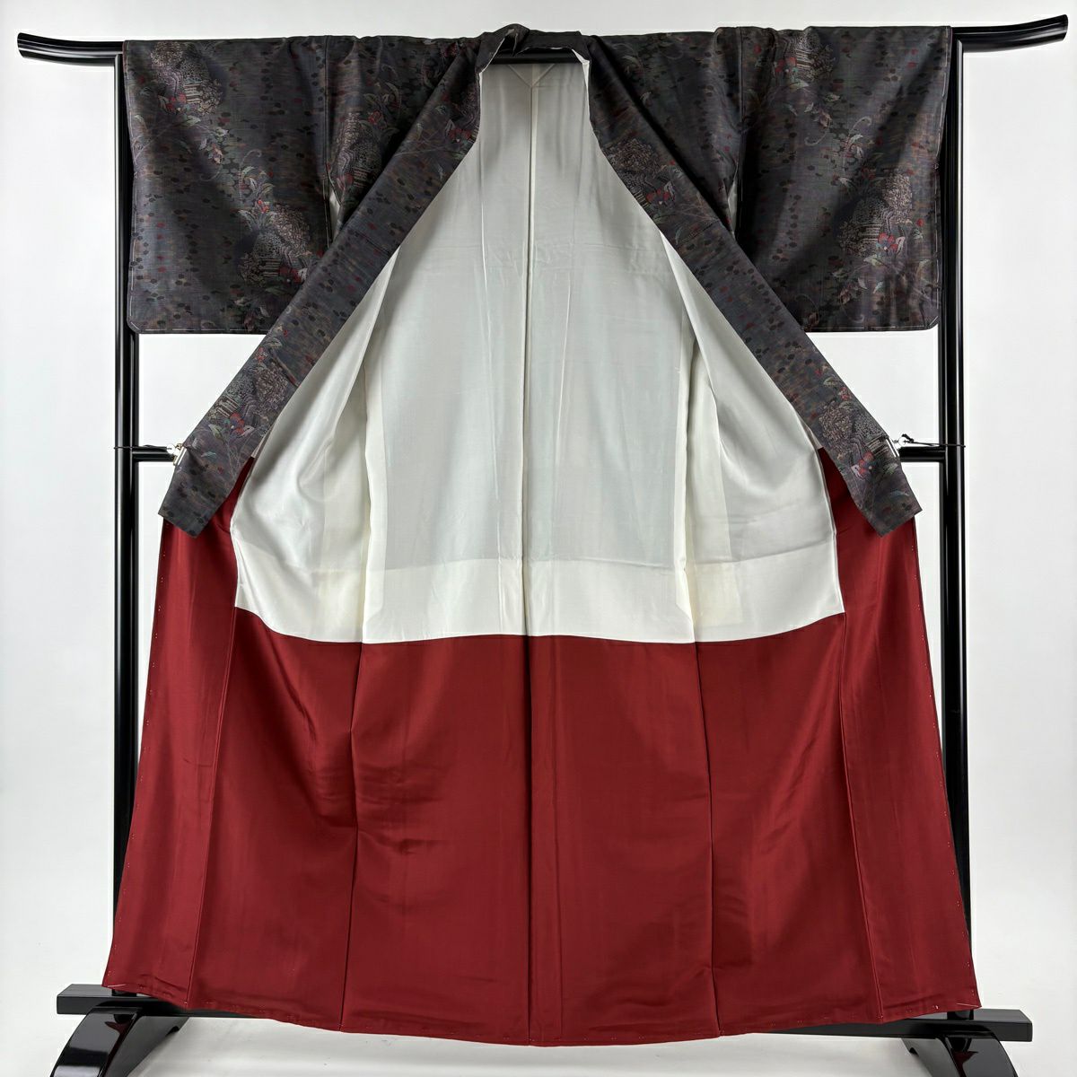 【美品】 紬織 身長162cm 袖長66cm M 雙層 建物 草花紋紋 茶紫 純蠶絲 名品級