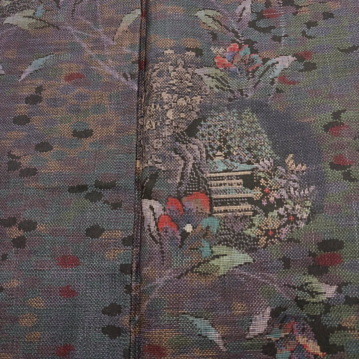 【美品】 紬織 身長162cm 袖長66cm M 雙層 建物 草花紋紋 茶紫 純蠶絲 名品級