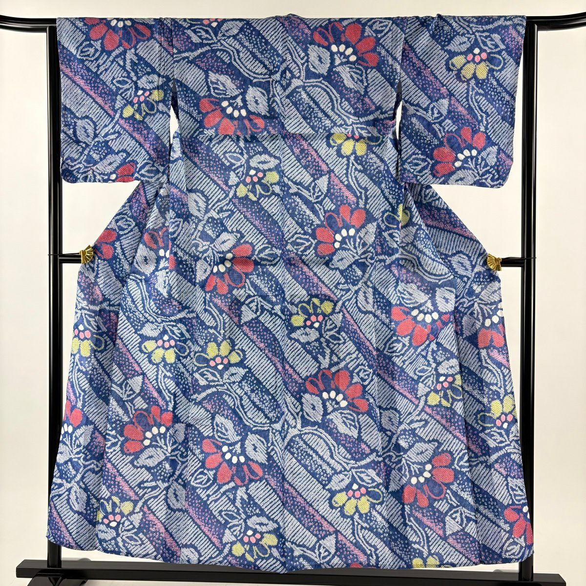 【美品】 浴衣 身長153cm 袖長62cm S 絞染浴衣 草花紋 深藍色 純棉 名品級