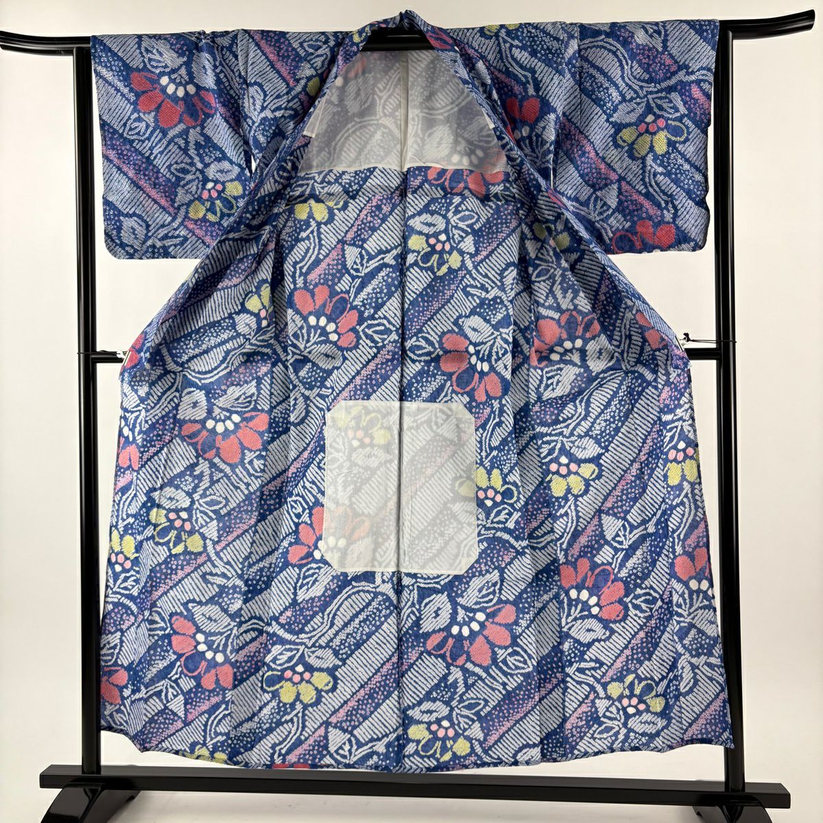 【美品】 浴衣 身長153cm 袖長62cm S 絞染浴衣 草花紋 深藍色 純棉 名品級