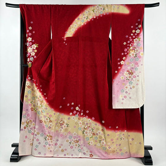 振袖禮服 身長169cm 袖長68cm L 雙層櫻花 蝴蝶 金銀彩 漸層紅 純蠶絲 名品級