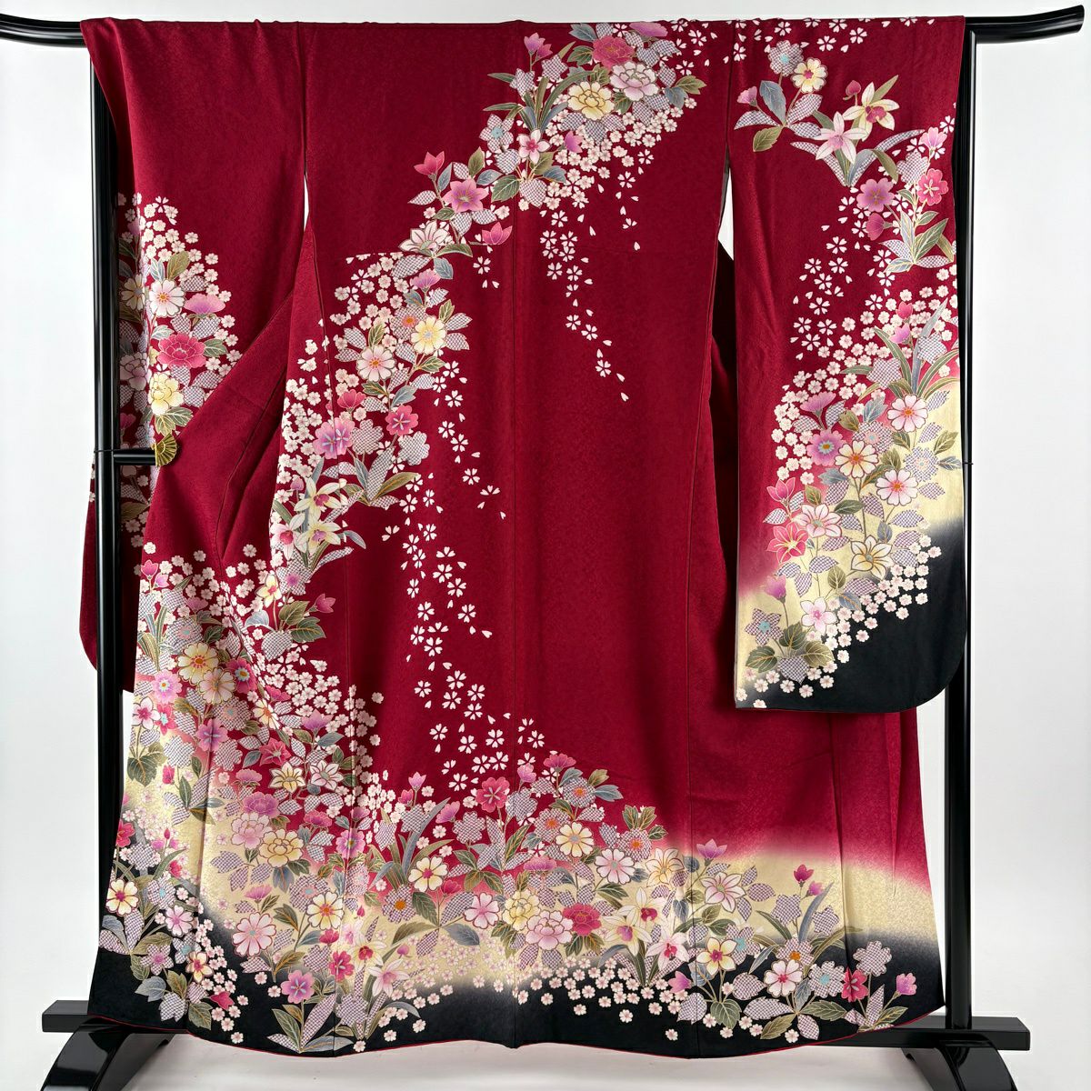 振袖禮服 身長159.5cm 袖長67cm M 雙層 草花紋紋 花瓣 金絲 金銀彩 紅 純蠶絲 名品級