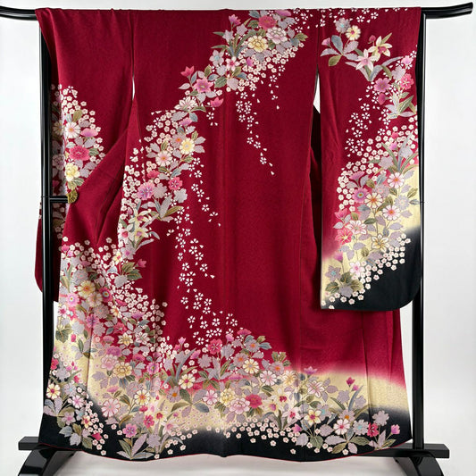 振袖禮服 身長159.5cm 袖長67cm M 雙層 草花紋紋 花瓣 金絲 金銀彩 紅 純蠶絲 名品級