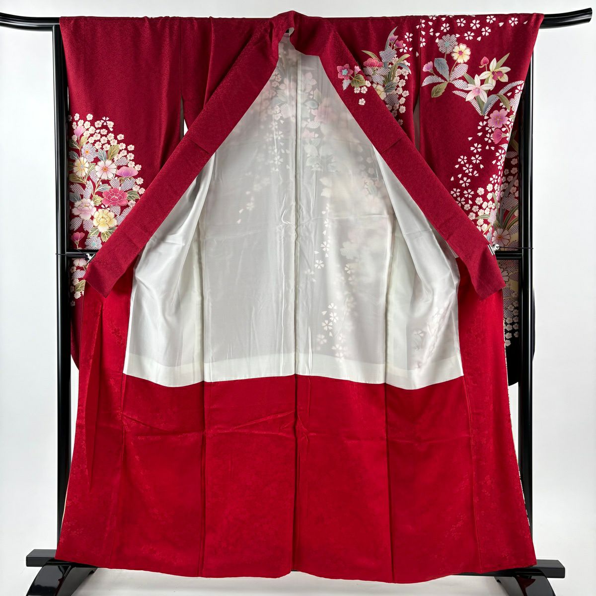 振袖禮服 身長159.5cm 袖長67cm M 雙層 草花紋紋 花瓣 金絲 金銀彩 紅 純蠶絲 名品級