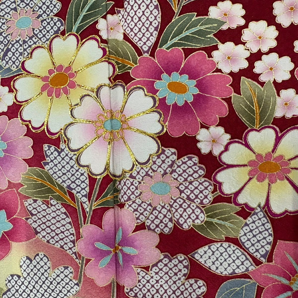 振袖禮服 身長159.5cm 袖長67cm M 雙層 草花紋紋 花瓣 金絲 金銀彩 紅 純蠶絲 名品級