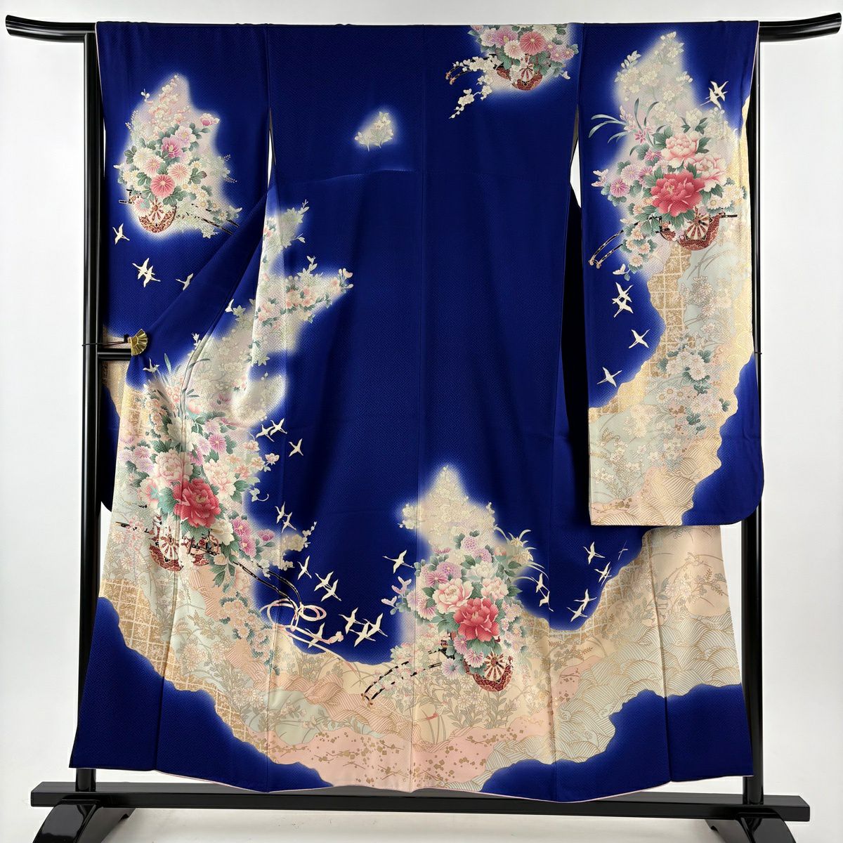 振袖禮服 身長155cm 袖長65.5cm M 雙層 大和 花車 仙鶴 金銀彩 漸層 藍 純蠶絲 名品級