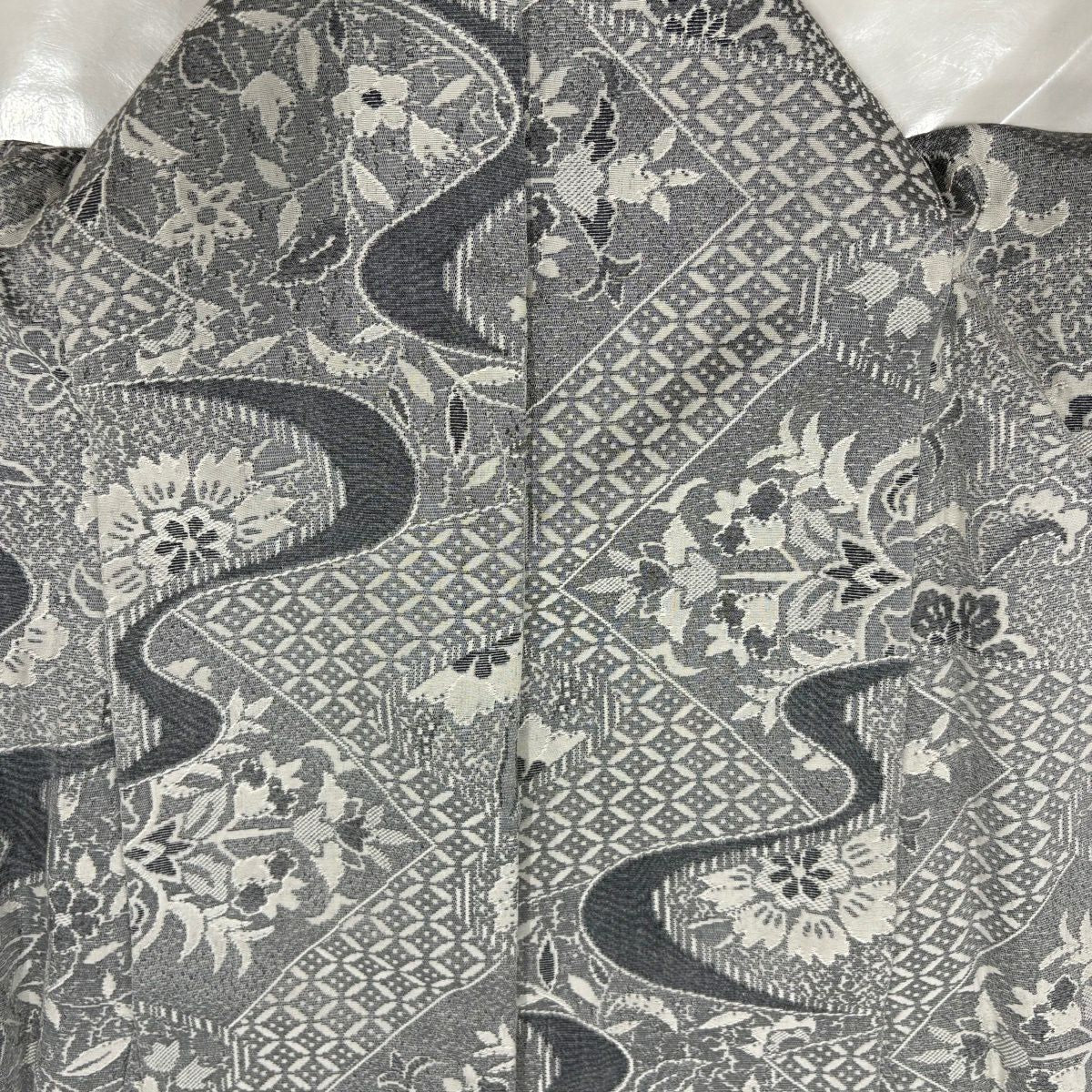 小紋 身長160cm 袖長66.5cm M 雙層 草花紋紋 七寶紋 意匠 灰色 純蠶絲 名品級
