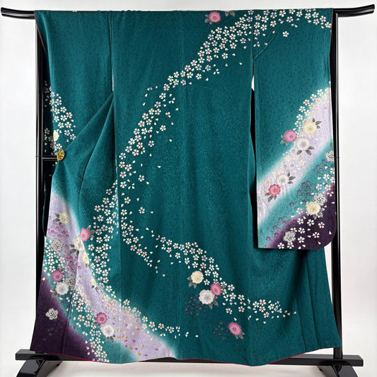 【美品】振袖禮服 身長156.5cm 袖長66.5cm M 雙層 櫻花瓣 金絲 金銀彩 綠 純蠶絲 名品級