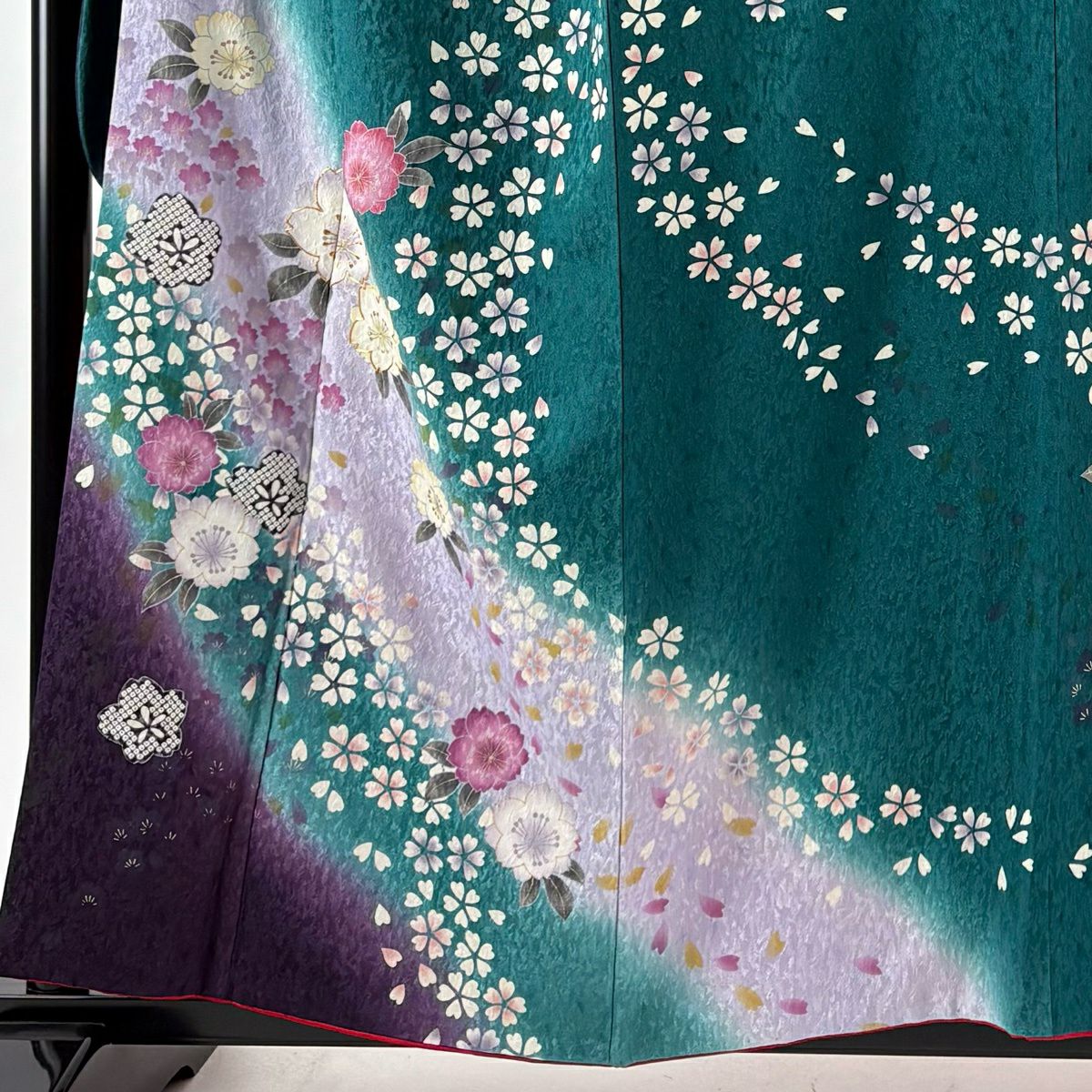 【美品】振袖禮服 身長156.5cm 袖長66.5cm M 雙層 櫻花瓣 金絲 金銀彩 綠 純蠶絲 名品級