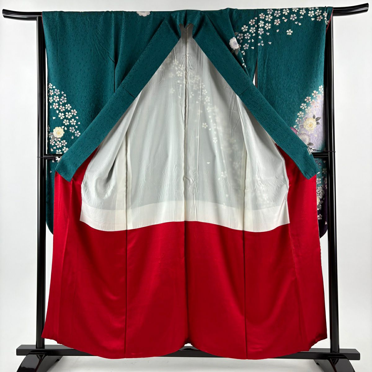 【美品】振袖禮服 身長156.5cm 袖長66.5cm M 雙層 櫻花瓣 金絲 金銀彩 綠 純蠶絲 名品級