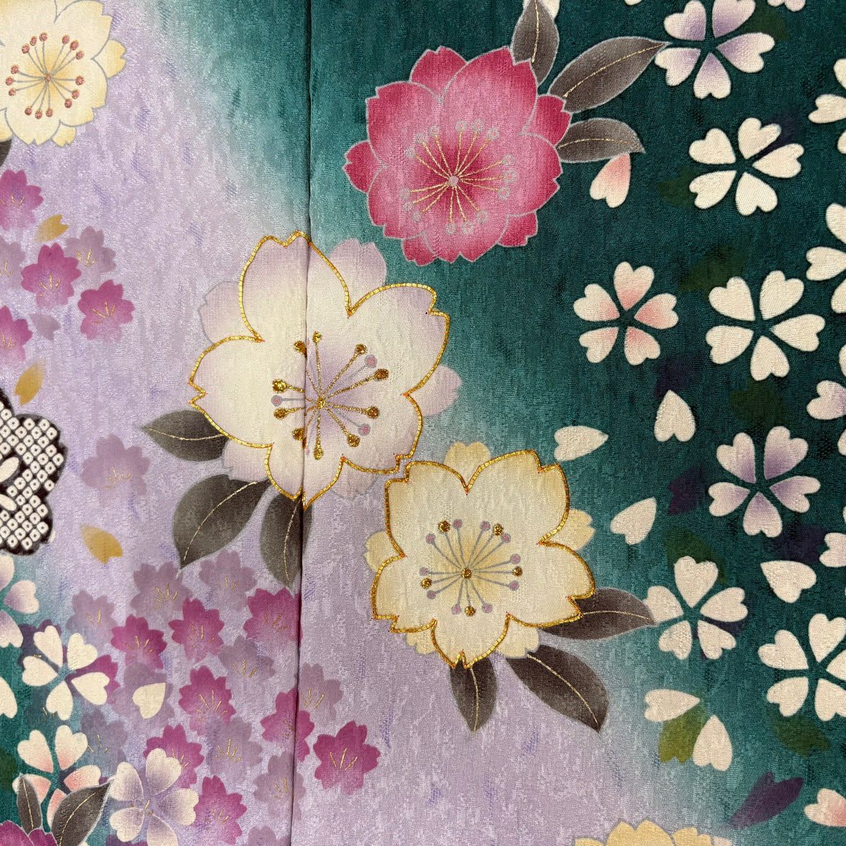 【美品】振袖禮服 身長156.5cm 袖長66.5cm M 雙層 櫻花瓣 金絲 金銀彩 綠 純蠶絲 名品級