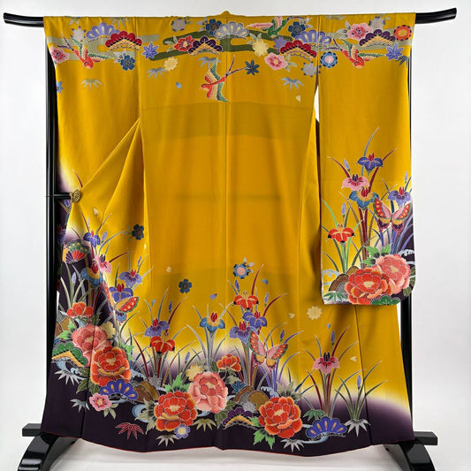 【美品】振袖禮服 身長161.5cm 袖長68.5cm L 雙層 宮崎良次 落款あり 牡丹 蝶 辻花染 漸層 山吹色 純蠶絲 名品級