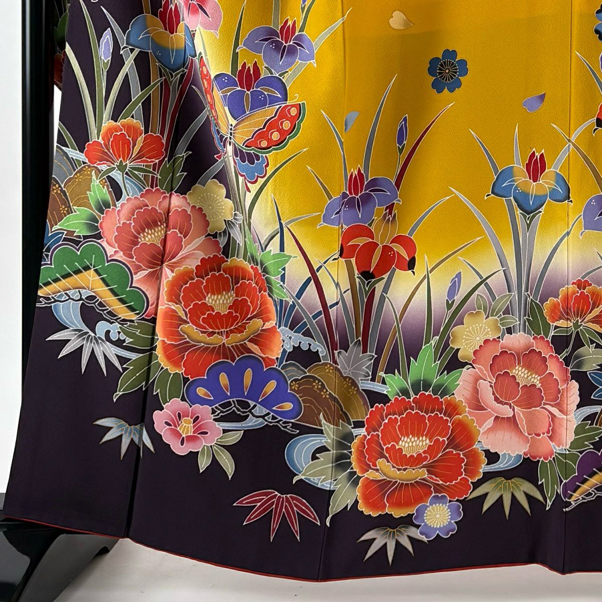 【美品】振袖禮服 身長161.5cm 袖長68.5cm L 雙層 宮崎良次 落款あり 牡丹 蝶 辻花染 漸層 山吹色 純蠶絲 名品級