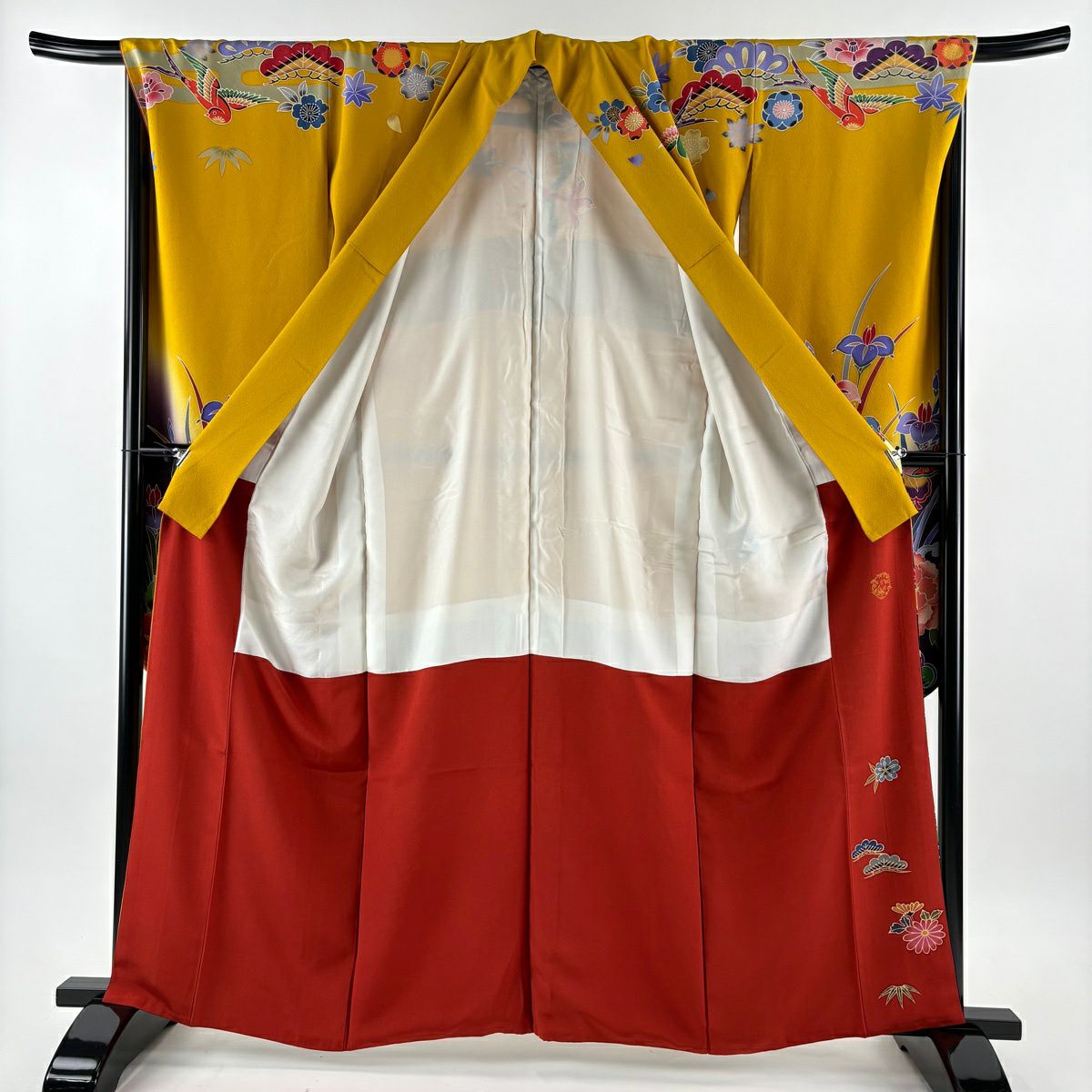 【美品】振袖禮服 身長161.5cm 袖長68.5cm L 雙層 宮崎良次 落款あり 牡丹 蝶 辻花染 漸層 山吹色 純蠶絲 名品級