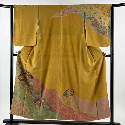 【美品】訪問服 身長152.5cm 袖長63.5cm S 雙層 落款あり 扇子面 辻花染圖案 染分 からし色 純蠶絲 名品級