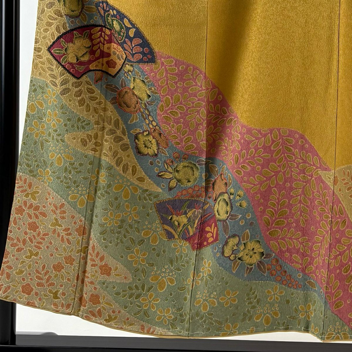 【美品】訪問服 身長152.5cm 袖長63.5cm S 雙層 落款あり 扇子面 辻花染圖案 染分 からし色 純蠶絲 名品級