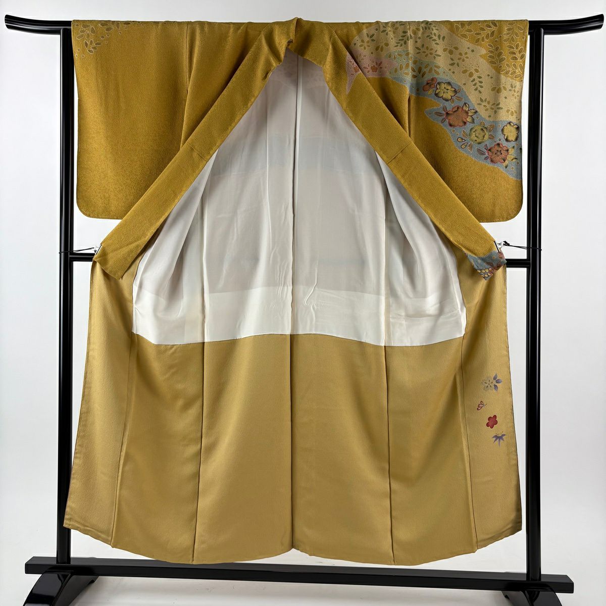 【美品】訪問服 身長152.5cm 袖長63.5cm S 雙層 落款あり 扇子面 辻花染圖案 染分 からし色 純蠶絲 名品級