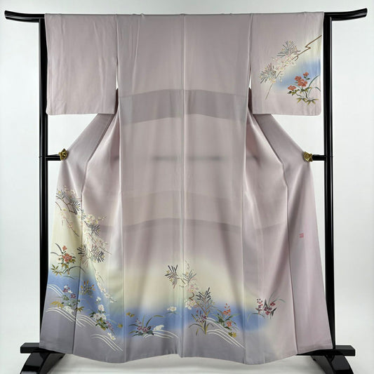 訪問服 身長160.5cm 袖長64cm M 雙層 落款有 松樹竹子梅花 流水 染分 ぼかし 薄紫 純蠶絲 名品級