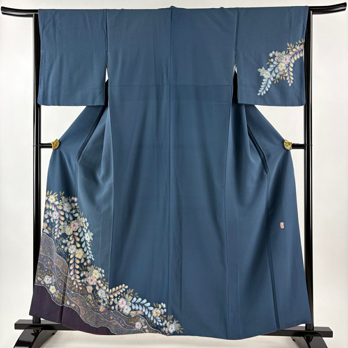 付下 身長159.5cm 袖長64cm M 雙層 翠山工房 大和 落款あり 辻花染 金銀彩 青灰 純蠶絲 名品級