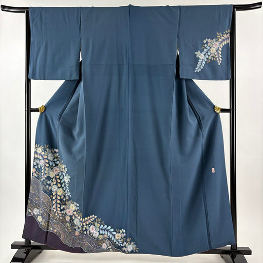 付下 身長159.5cm 袖長64cm M 雙層 翠山工房 大和 落款あり 辻花染 金銀彩 青灰 純蠶絲 名品級