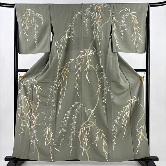 訪問服 身長160cm 袖長65cm M 單層 柳花刺繡 金絲 灰綠 純蠶絲 名品級