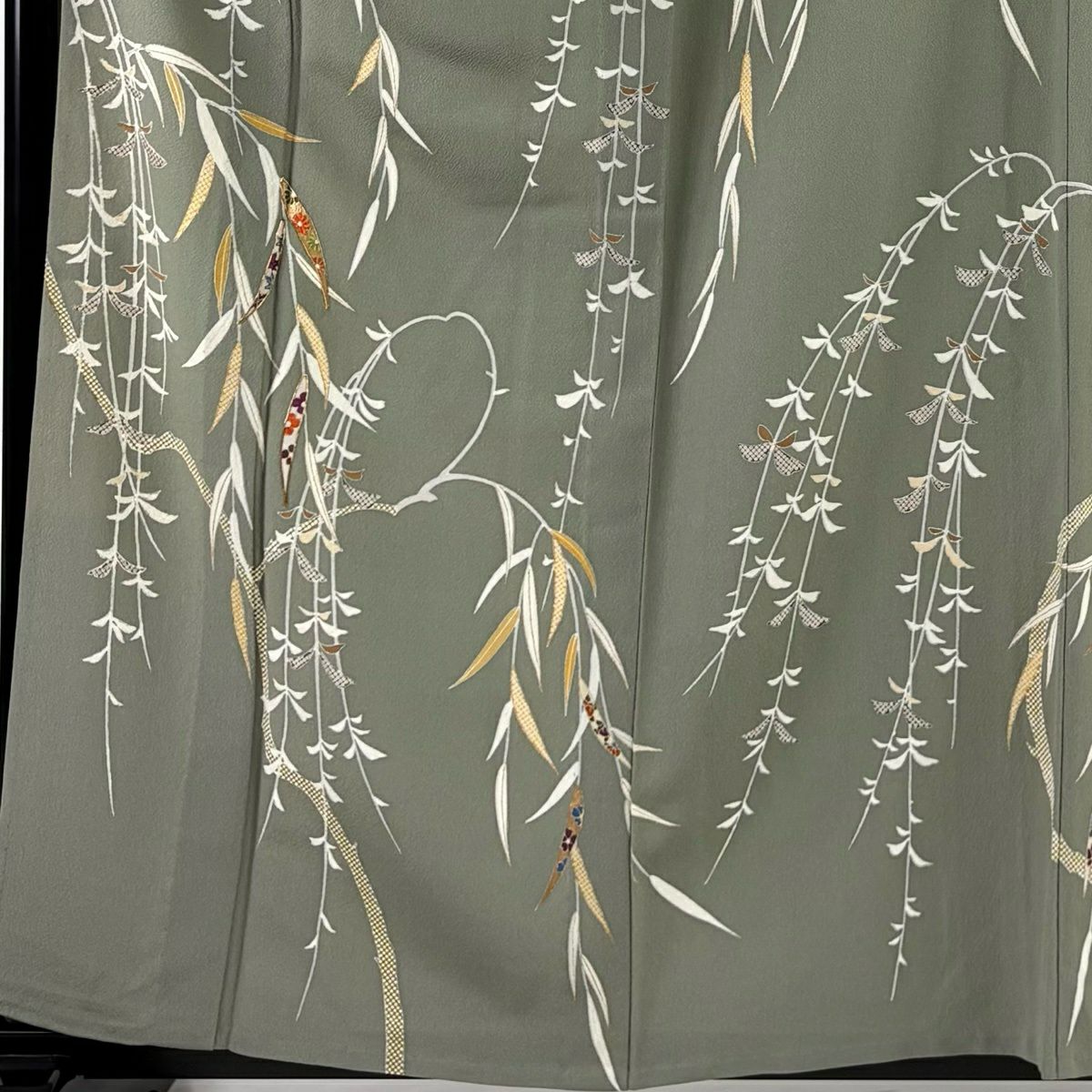 訪問服 身長160cm 袖長65cm M 單層 柳花刺繡 金絲 灰綠 純蠶絲 名品級