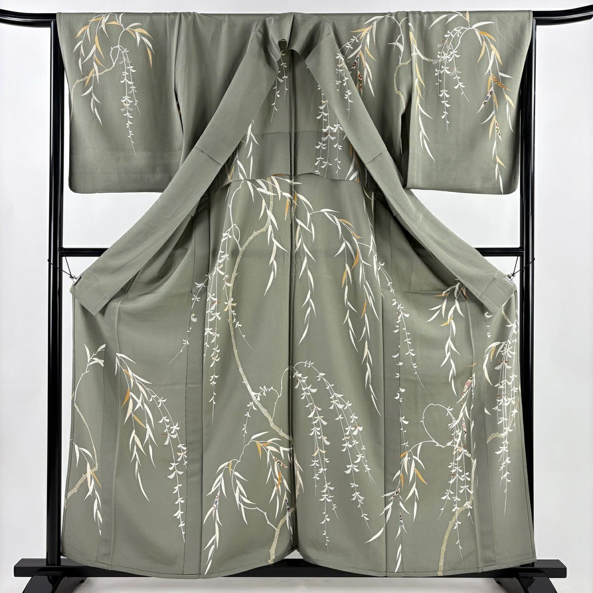 訪問服 身長160cm 袖長65cm M 單層 柳花刺繡 金絲 灰綠 純蠶絲 名品級