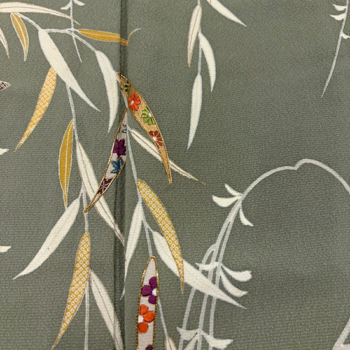 訪問服 身長160cm 袖長65cm M 單層 柳花刺繡 金絲 灰綠 純蠶絲 名品級