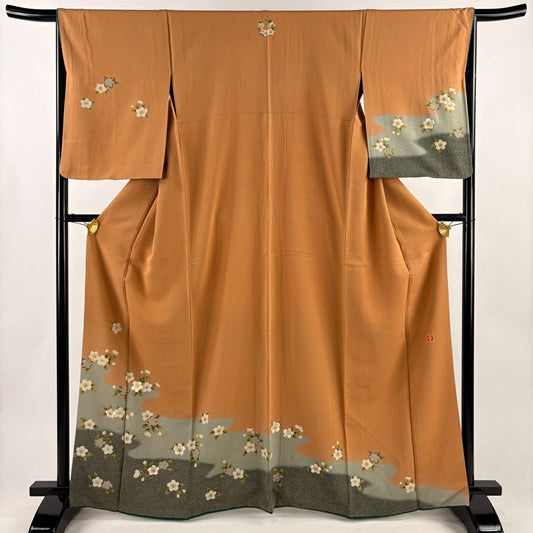 付下 身長165cm 袖長65.5cm M 雙層 花井幸子 ふき棉仕立 落款あり 櫻花 霞刺繡 金線 淺橙色 純蠶絲 名品級 三個紋
