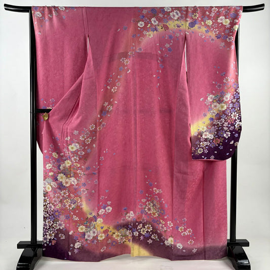 振袖禮服 身長168cm 袖長67cm M 雙層 鈴 草花紋 金通 金銀彩 粉紅 純蠶絲 名品級