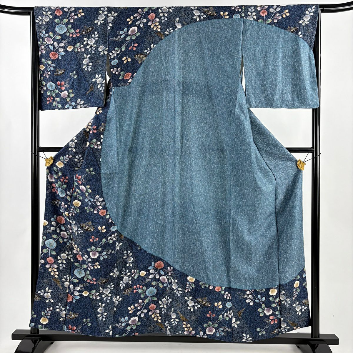 【美品】訪問服 身長158cm 袖長65cm M 雙層 萩 扇子 金彩裝飾 染分 青灰 純蠶絲 名品級