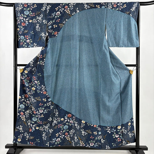 【美品】訪問服 身長158cm 袖長65cm M 雙層 萩 扇子 金彩裝飾 染分 青灰 純蠶絲 名品級