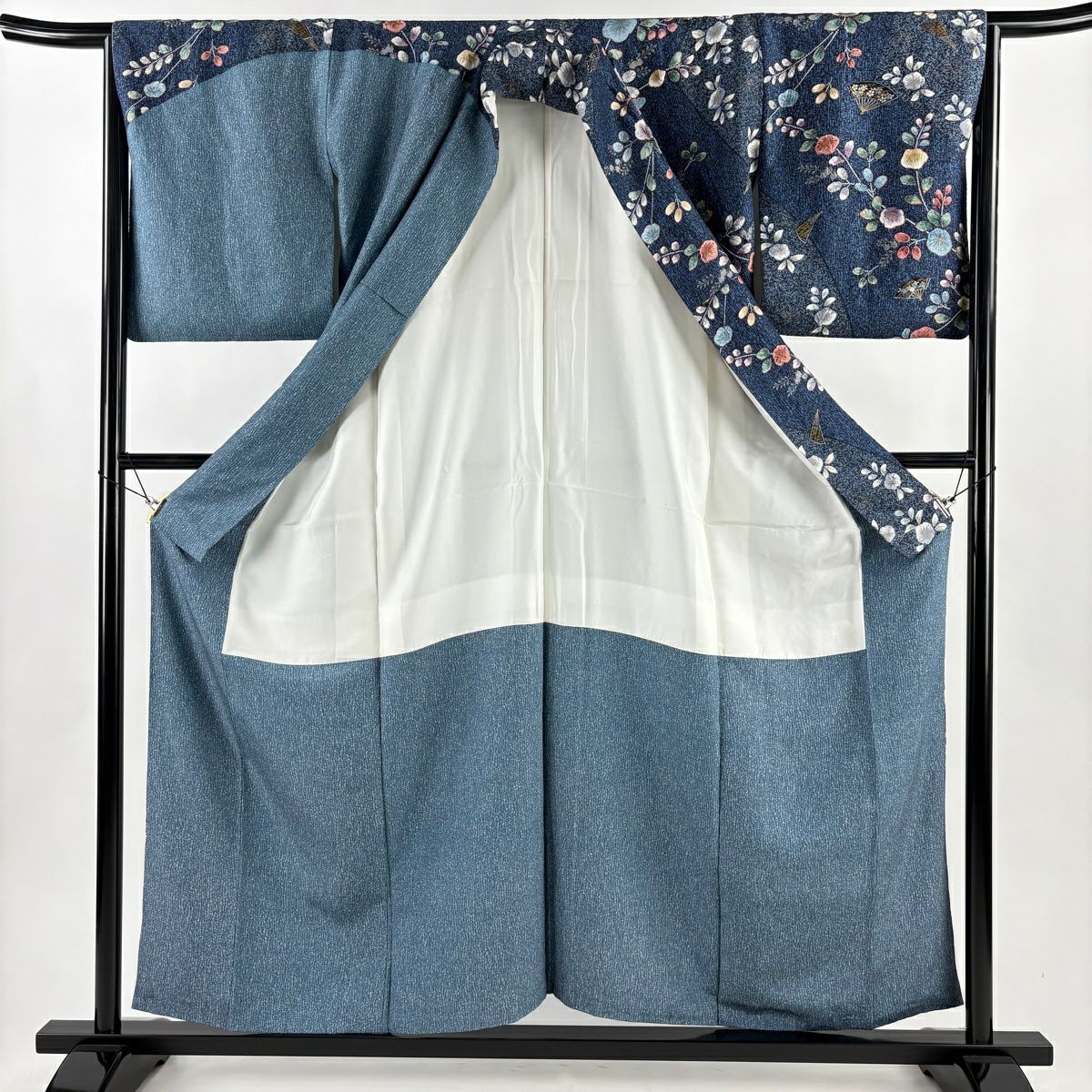 【美品】訪問服 身長158cm 袖長65cm M 雙層 萩 扇子 金彩裝飾 染分 青灰 純蠶絲 名品級