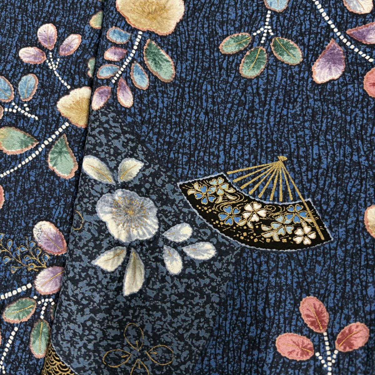 【美品】訪問服 身長158cm 袖長65cm M 雙層 萩 扇子 金彩裝飾 染分 青灰 純蠶絲 名品級