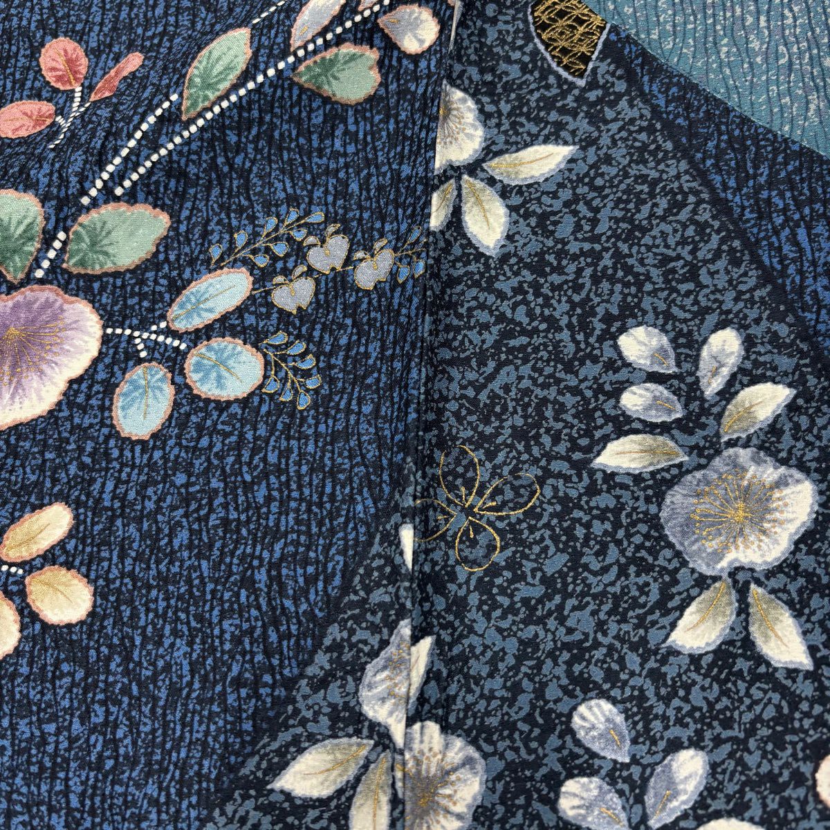 【美品】訪問服 身長158cm 袖長65cm M 雙層 萩 扇子 金彩裝飾 染分 青灰 純蠶絲 名品級