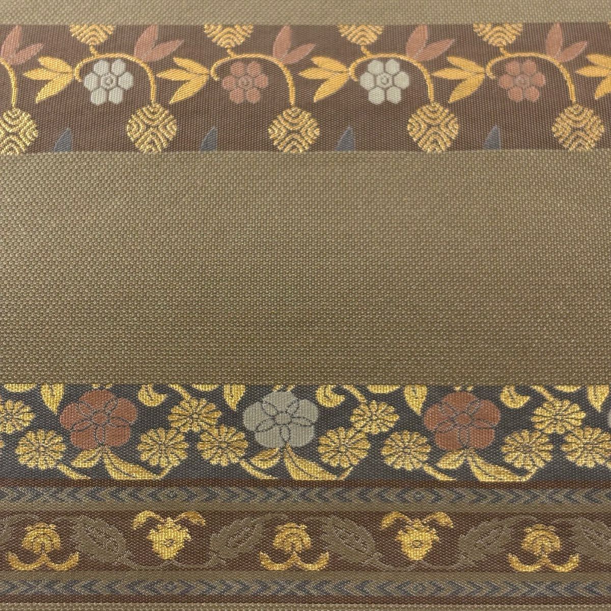 【美品】 袋帶 秀品級 花唐草紋 笹蔓 金金箔 灰茶 六通 純蠶絲