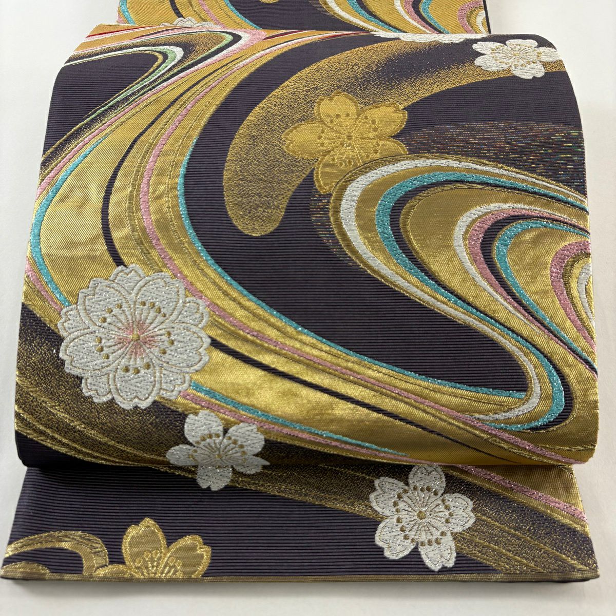 【美品】 袋帶 秀品級 樱花 流水 刺繡 金金箔 深紫 六通 純蠶絲